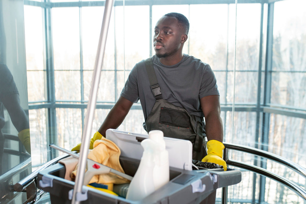 Modern janitor pushing a fully-loaded cleaning cart